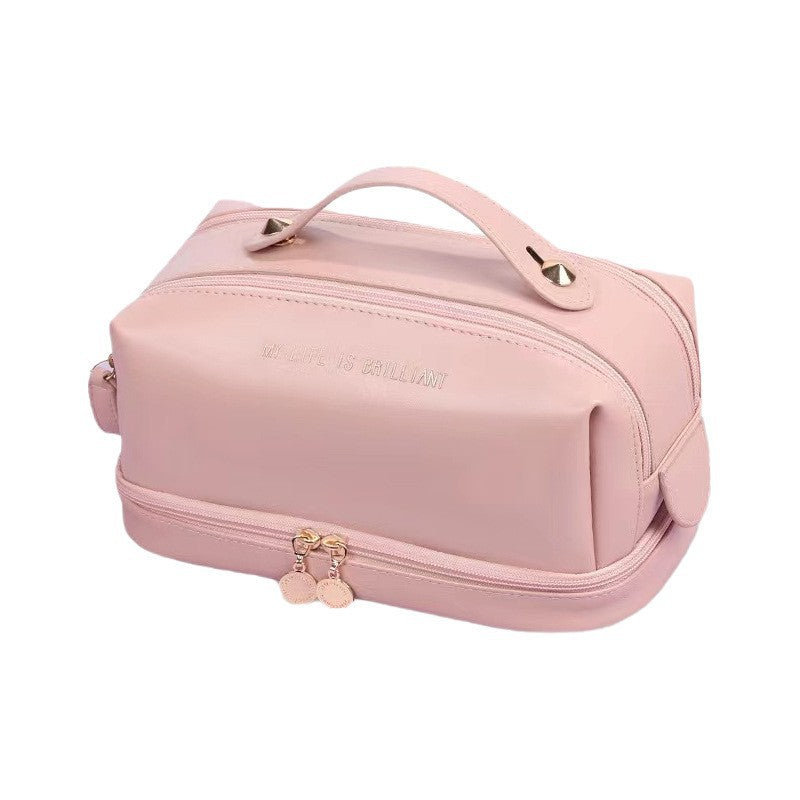 Double Layer Makeup Bag for Women - Large Capacity PU Leather Toiletry Organizer with Dual Zippers -dropshippingabc.com