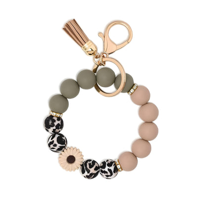 PU Tassel Keychain Bag charm Silicone Beaded Keychain Wristlet Key Ring Bracelet Cute Car Key Chain Holder for Women Girls