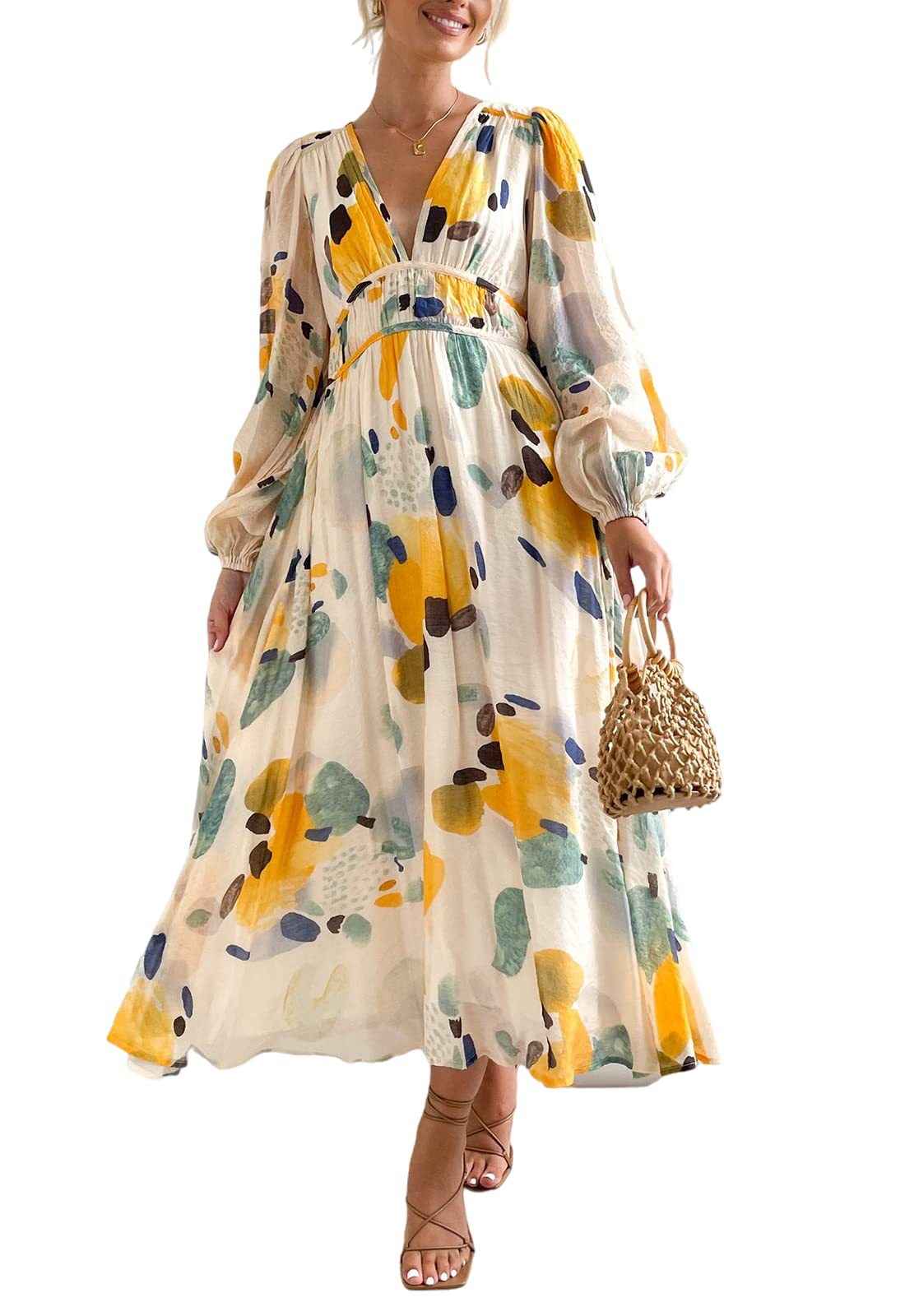 Bohemian female Long Lantern Sleeves Dress-Boho deep V printing high waist casual dress for women
