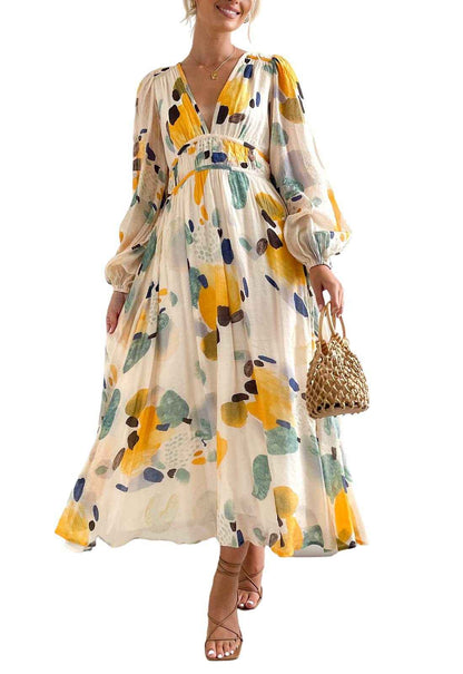 Bohemian female Long Lantern Sleeves Dress-Boho deep V printing high waist casual dress for women