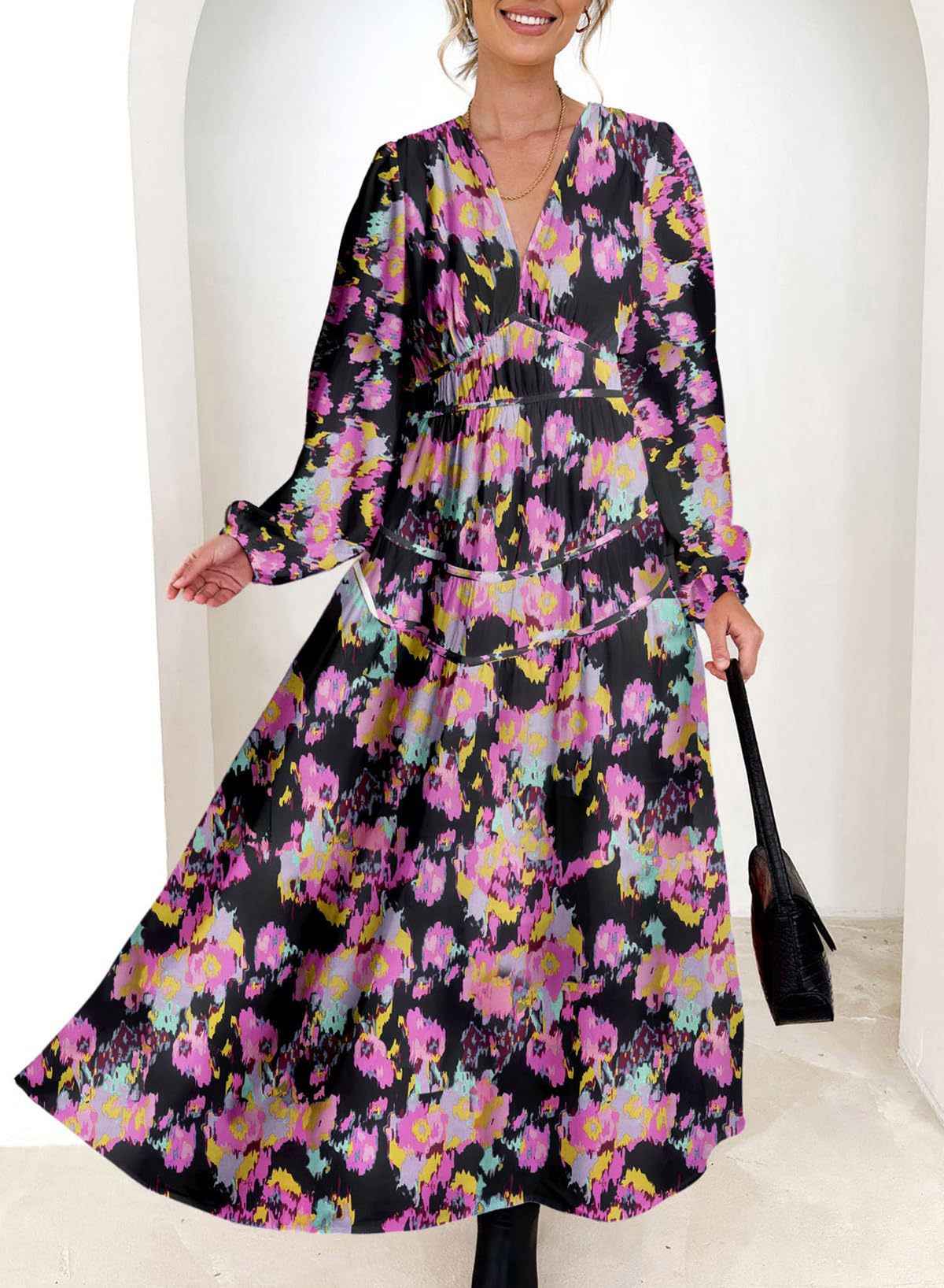 Bohemian female Long Lantern Sleeves Dress-Boho deep V printing high waist casual dress for women