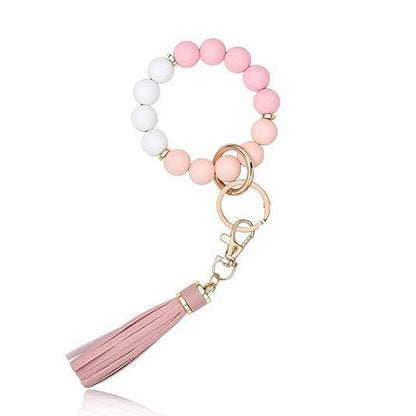 PU Tassel Keychain Women's Bag charm Silicone Beaded Keychain Wristlet Key Ring Bracelet Cute Car Key Chain Holder for Women Girls