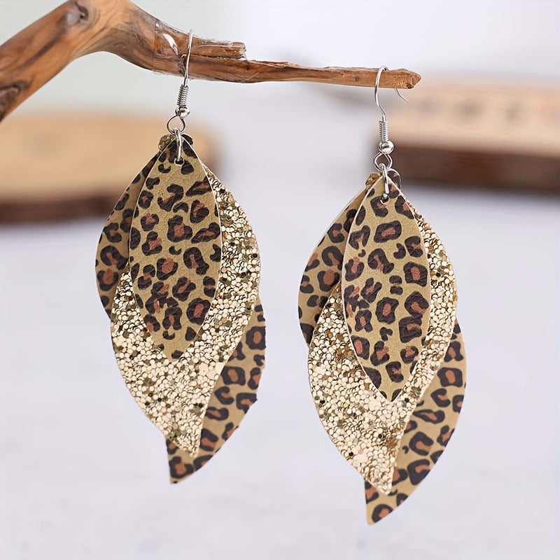 Bohemian Geometric Drop Earrings - Lightweight Faux Leather Leaf Design with Double-Sided Color & Triple Tassel Fringe -dropshippingabc.com