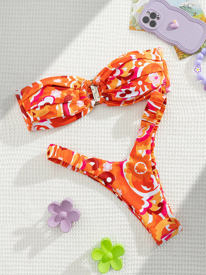 Tube Top Pumping Pleated Bikini Female Sexy Halter High Waist Thickened Split Swimsuit Swim Mod Ditsy Bandeau Bikini Swimsuit -dropshippingabc.com