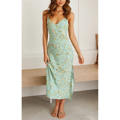 Floral Deep V Suspender Split Dress - Women's Spaghetti Strap Summer Dress -dropshippingabc.com