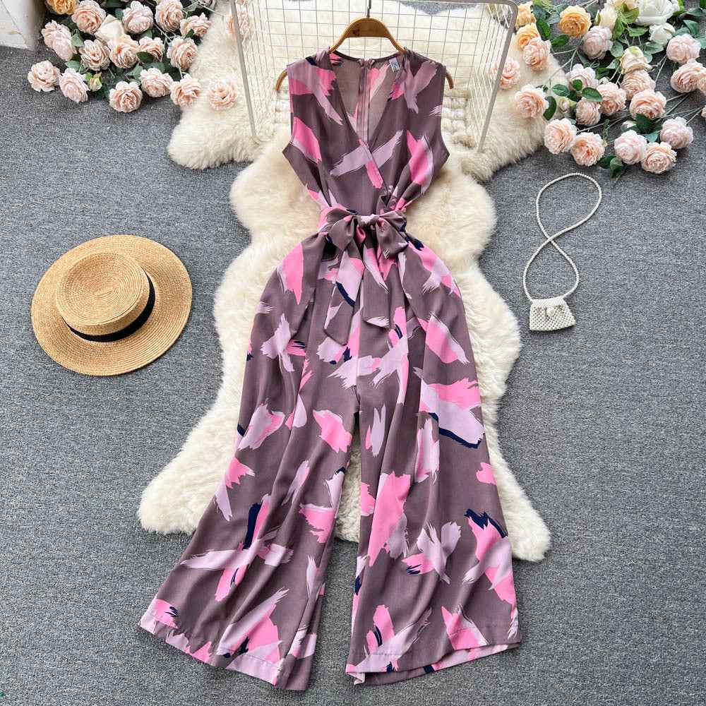 V-Neck High Waist Floral Print Wide Leg Jumpsuit - Loose Fit Women's Romper with Belt