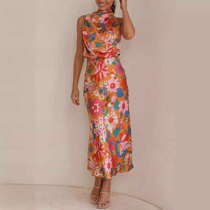 Sleeveless Strap Dress Slim Dress Satin Printing Temperament