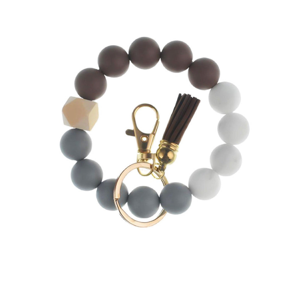PU Tassel Keychain Bag charm Silicone Beaded Keychain Wristlet Key Ring Bracelet Cute Car Key Chain Holder for Women Girls