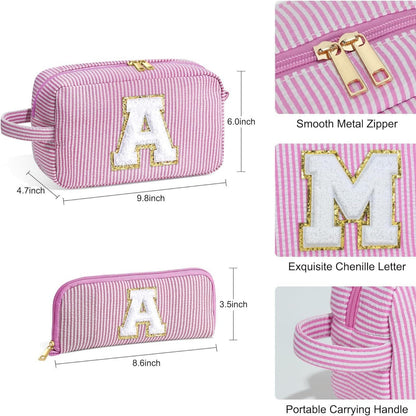 Chenille Striped Makeup Bag - 2-in-1 Lightweight Travel Cosmetic Organizer with Removable Compartments -dropshippingabc.com