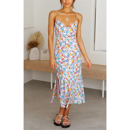 Floral Deep V Suspender Split Dress - Women's Spaghetti Strap Summer Dress -dropshippingabc.com