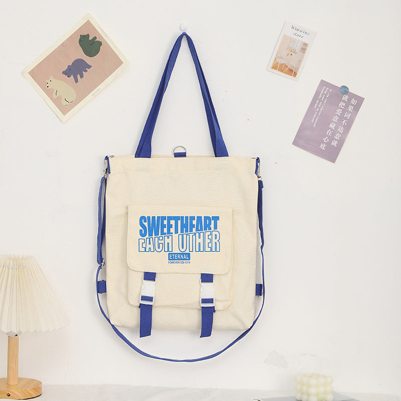 Letter Pattern Printed Canvas Bag - Student Shoulder Tote with Zipper, Shopping Canvas Bag -dropshippingabc.com