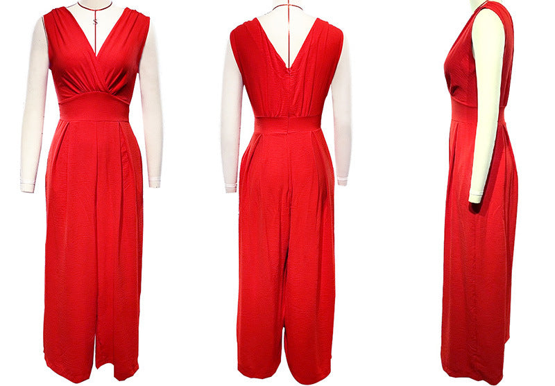 Sleeveless Jumpsuit High Waist Slim Straight Leg Wide -dropshippingabc.com