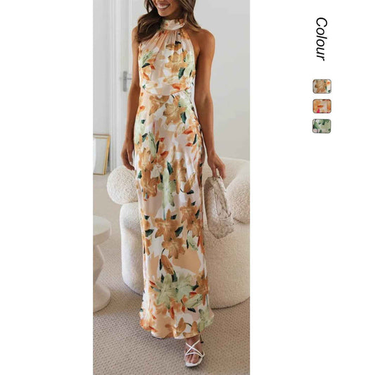 Summer Satin Dress Elegant Sleeveless Mock Neck Cocktail Party Maxi Dresses Sexy Halter Neck Floral Print Slim Casual dress