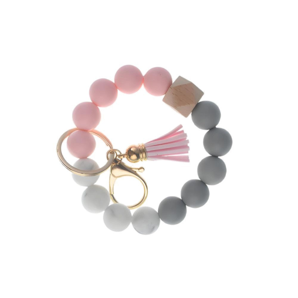 PU Tassel Keychain Bag charm Silicone Beaded Keychain Wristlet Key Ring Bracelet Cute Car Key Chain Holder for Women Girls