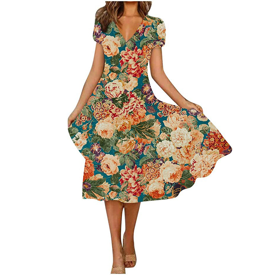 V Neck Bohemian Print Short Sleeve Dress - Flowy Casual Summer Dress with Elastic Waist