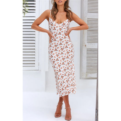 Floral Deep V Suspender Split Dress - Women's Spaghetti Strap Summer Dress -dropshippingabc.com