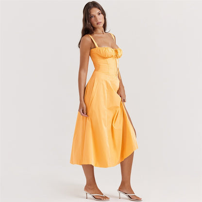 Sleeveless Strapless Bandage Corset Dress - Floral Print Long Midi Dress with Lace Up Back & Thigh Slit