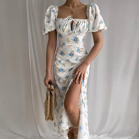 Floral Square Neck Sexy Split Swing Spring Dress Off Shoulder Flower Print Sexy Dress -dropshippingabc.com