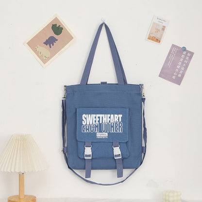 Letter Pattern Printed Canvas Bag - Student Shoulder Tote with Zipper, Shopping Canvas Bag -dropshippingabc.com