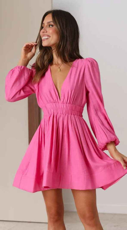 Skinny Deep V-Neck Waist Pleated Mini Dress - Long Sleeve Bodycon Short Dress