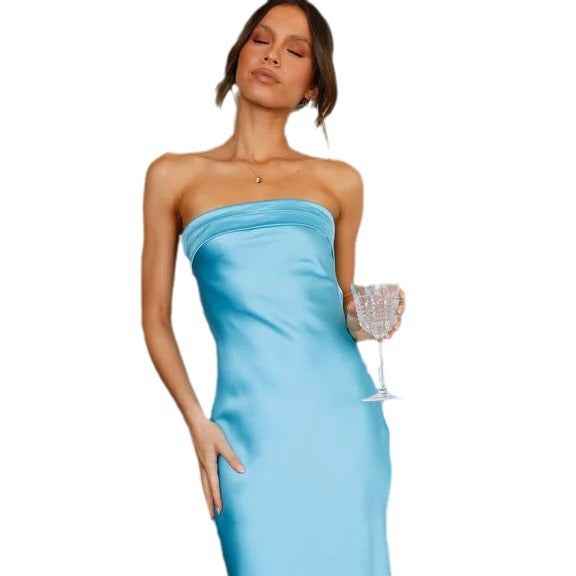 Satin Halter Backless Slit Midi Dress - Print High Neck Elastic Waist Wedding Guest Dress