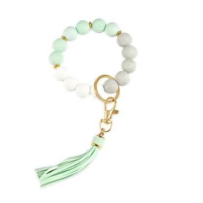 PU Tassel Keychain Bag charm Silicone Beaded Keychain Wristlet Key Ring Bracelet Cute Car Key Chain Holder for Women Girls