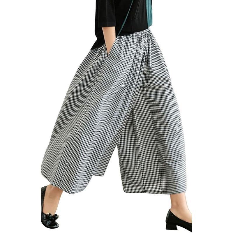 Women's Cotton Linen Plaid Pants - Elastic Waist Wide Leg Palazzo Capri Pants -dropshippingabc.com