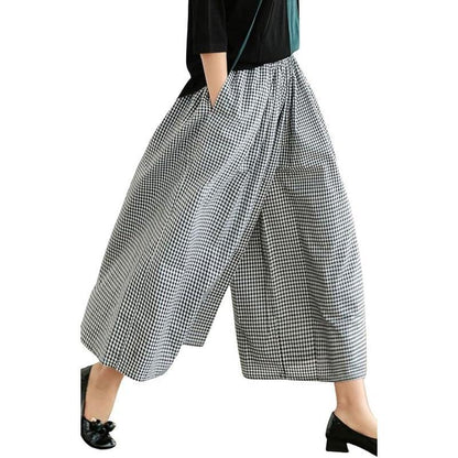 Women's Cotton Linen Plaid Pants - Elastic Waist Wide Leg Palazzo Capri Pants -dropshippingabc.com