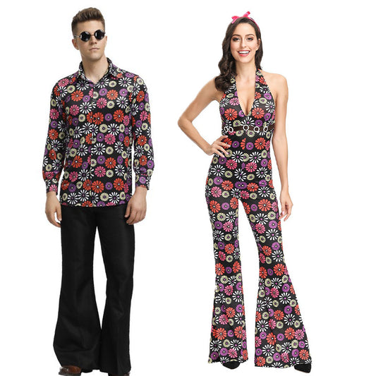 70s Disco Onesie Costume - Vintage Hippie Flower Power Jumpsuit for Couple Show & Theme Parties -dropshippingabc.com