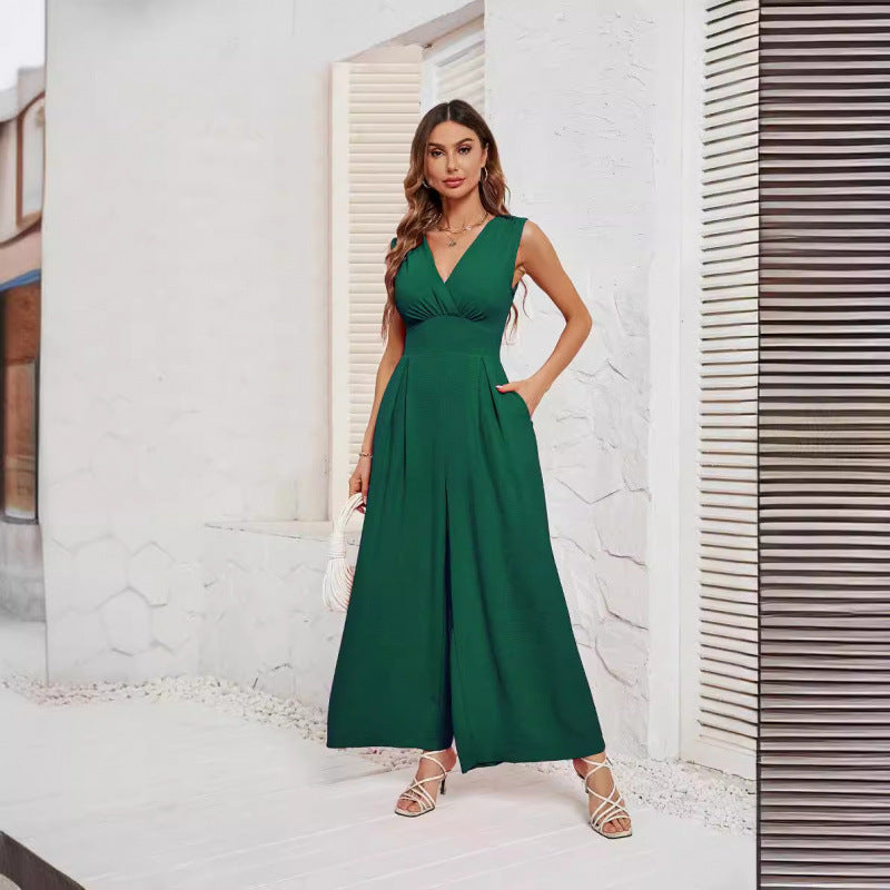 Sleeveless Jumpsuit High Waist Slim Straight Leg Wide -dropshippingabc.com