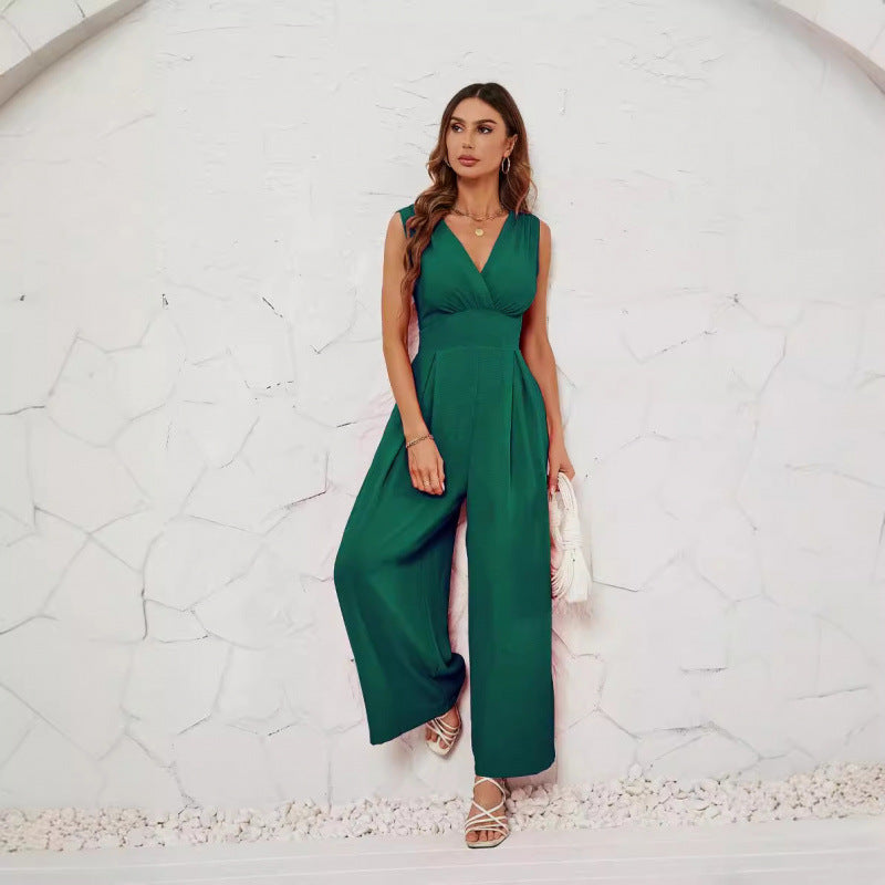 Sleeveless Jumpsuit High Waist Slim Straight Leg Wide -dropshippingabc.com
