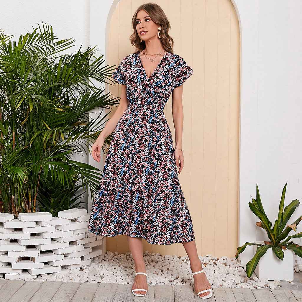 Women Summer Chiffon Floral Print Long Dress
