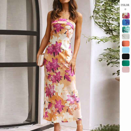 Women's Square Neck Corset Maxi Dress - Floral Printed High Waist A-Line Long Dress