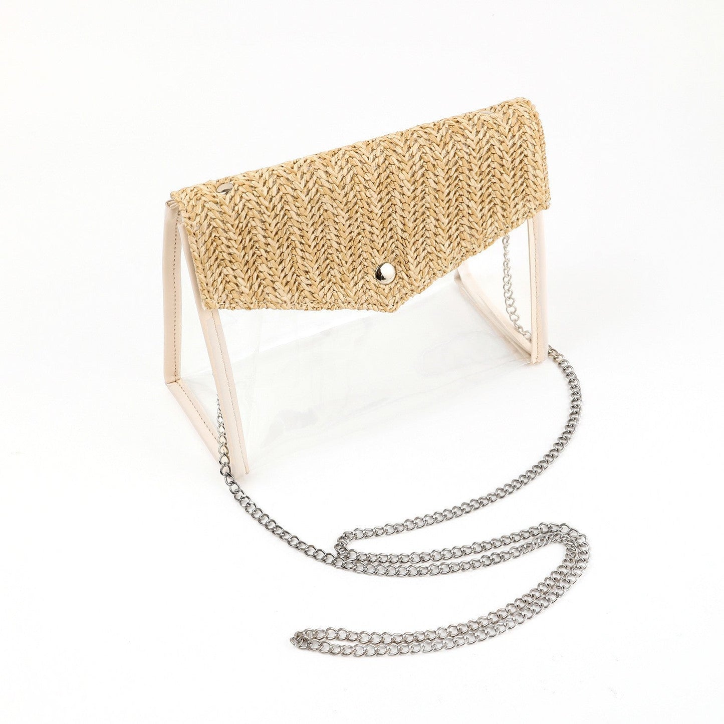 Ladies Chain Cosmetic Bag - Transparent Button Closure Shoulder Bag with Makeup Brush Compartment -dropshippingabc.com