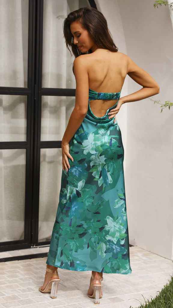 Satin Halter Backless Slit Midi Dress - Print High Neck Elastic Waist Wedding Guest Dress