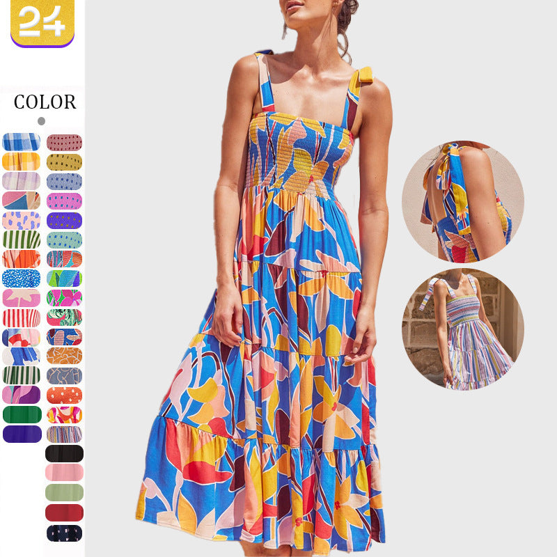 Sleeveless Floral Print Long Suspender Dress - Spice Girl Inspired A-Line Sundress for Tea Party & Casual Wear -dropshippingabc.com