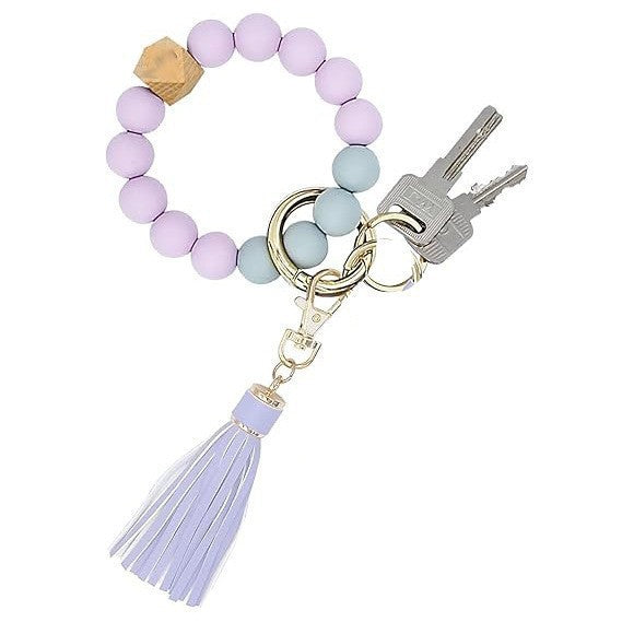 PU Tassel Keychain Bag charm Silicone Beaded Keychain Wristlet Key Ring Bracelet Cute Car Key Chain Holder for Women Girls