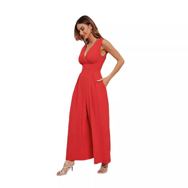 Sleeveless Jumpsuit High Waist Slim Straight Leg Wide -dropshippingabc.com