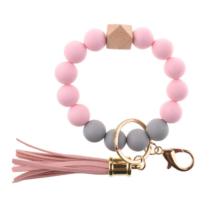 PU Tassel Keychain Bag charm Silicone Beaded Keychain Wristlet Key Ring Bracelet Cute Car Key Chain Holder for Women Girls