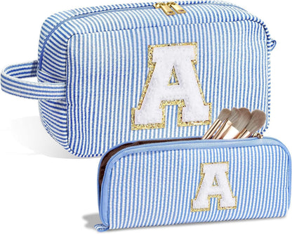 Chenille Striped Makeup Bag - 2-in-1 Lightweight Travel Cosmetic Organizer with Removable Compartments -dropshippingabc.com