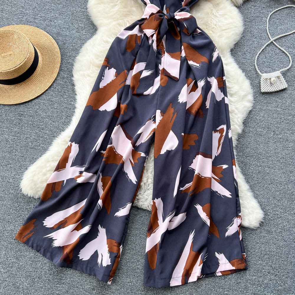 V-Neck High Waist Floral Print Wide Leg Jumpsuit - Loose Fit Women's Romper with Belt