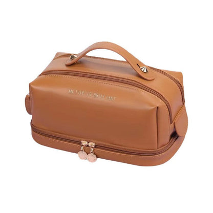 Double Layer Makeup Bag for Women - Large Capacity PU Leather Toiletry Organizer with Dual Zippers -dropshippingabc.com