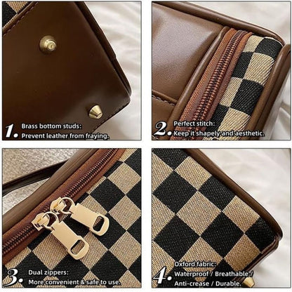 Large Plaid Cosmetic Bag - High Capacity Tote Zipper Toiletry Organizer with Compartments -dropshippingabc.com