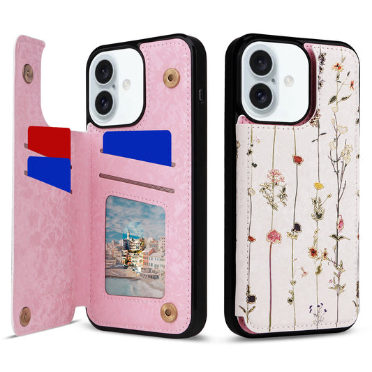 Phone Case Applicable to Apple 16 painted double buckle four-insert card wallet case 16pro max all-inclusive anti-drop case protective cover -dropshippingabc.com