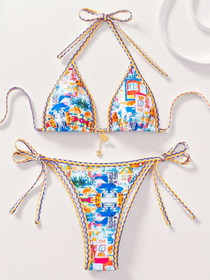 Plant Print Batwing Sleeve Bikini Set - Contrast Strap Sexy Split Swimsuit with Cover Up -dropshippingabc.com