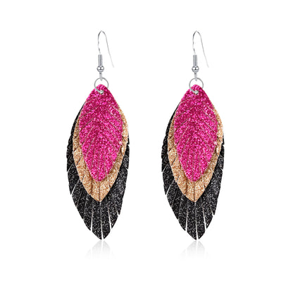 Bohemian Geometric Drop Earrings - Lightweight Feather, Leaf & Multi-Color Fringe Triple Tassel Dangles -dropshippingabc.com