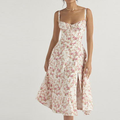 Floral Square Neck Sexy Split Swing Spring Dress Off Shoulder Flower Print Sexy Dress -dropshippingabc.com