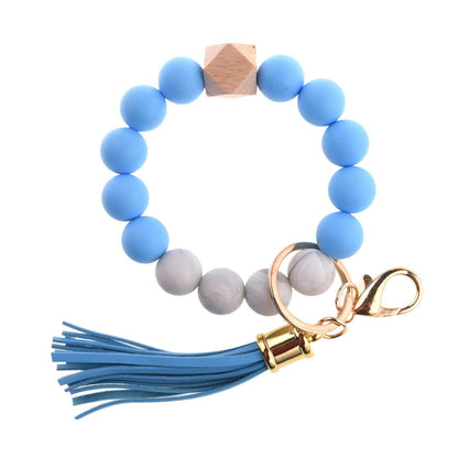 PU Tassel Keychain Bag charm Silicone Beaded Keychain Wristlet Key Ring Bracelet Cute Car Key Chain Holder for Women Girls