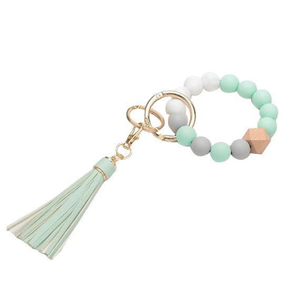 PU Tassel Keychain Bag charm Silicone Beaded Keychain Wristlet Key Ring Bracelet Cute Car Key Chain Holder for Women Girls