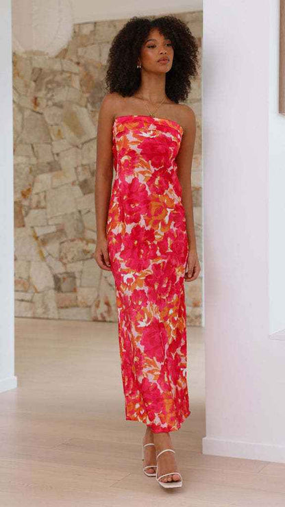 Satin Halter Backless Slit Midi Dress - Print High Neck Elastic Waist Wedding Guest Dress